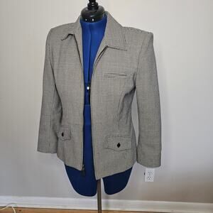 J MAC Black & White Wool Houndstooth Full  Zip Front Jacket Blazer Size 8